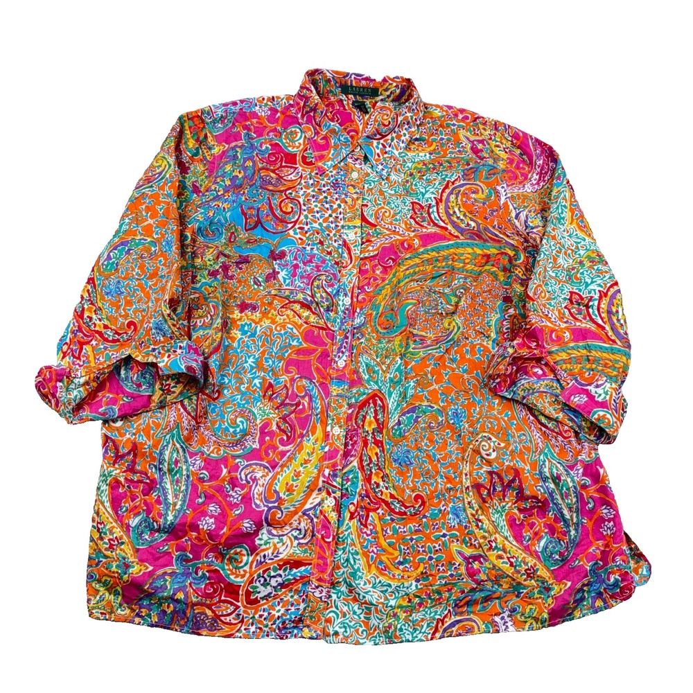 Lauren Ralph Shirt Women 3X Pink Multi Paisley Button Up Blouse 3/4 Sleeve LRL